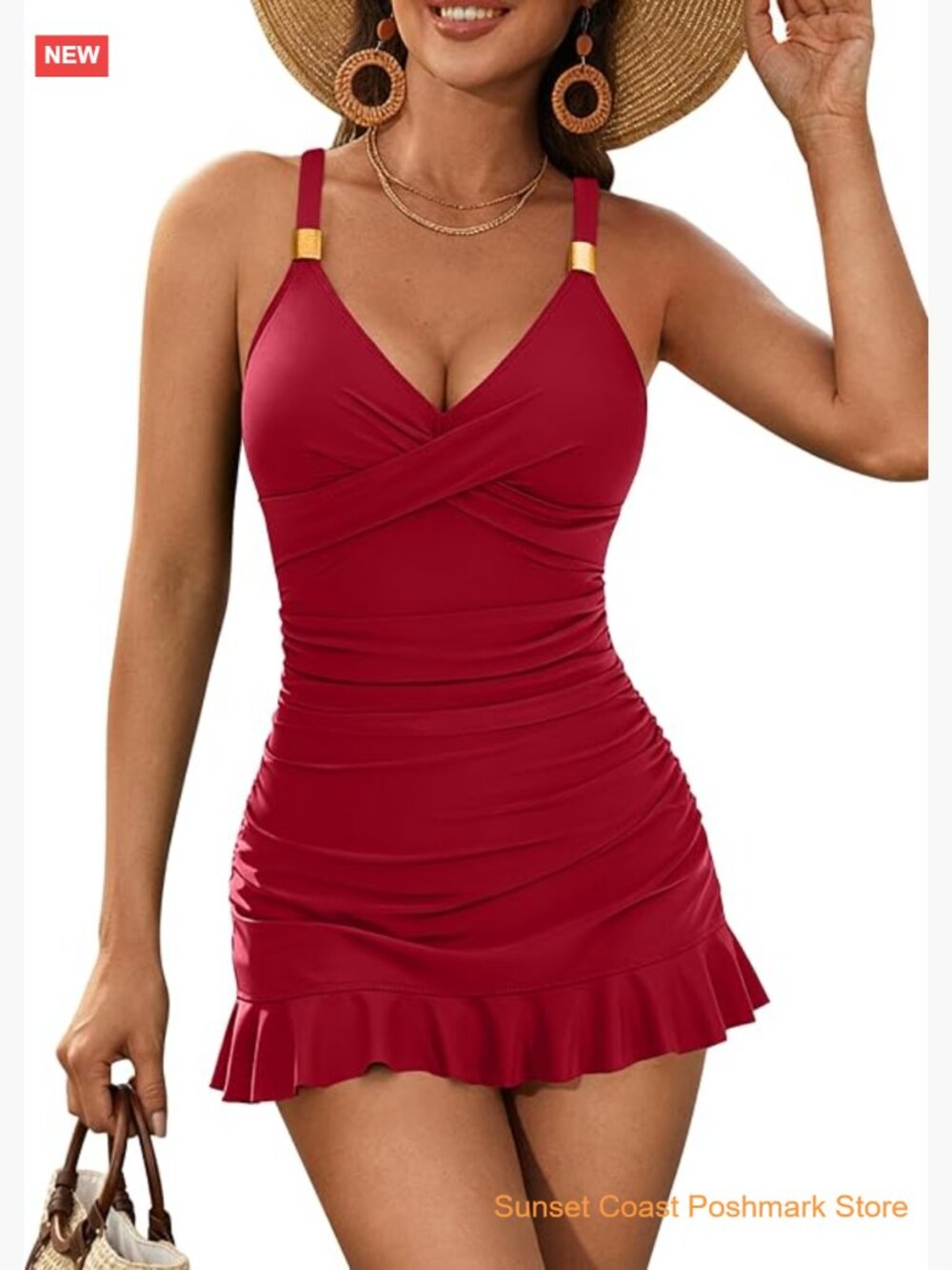 One Piece Swim Dress Tummy Control V Neck Ruffle Swimsuit Sleeveless